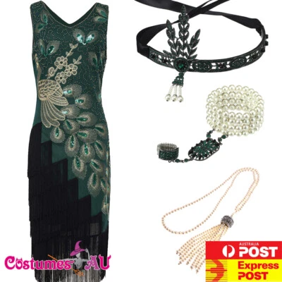 Disfraz de lujo para damas años 20 1920 rugiente aleta lentejuelas Gatsby verde vestido elegante Foto 1 de 2