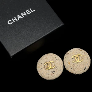 Auth CHANEL CC LOGOS Stone Earrings Clip On Beige Gold 94P Vintage - Picture 1 of 11