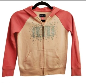 Childrens Place Girls Size M 7/8 Pink Zipup Sweatshirt Sparkly LOVE Graphic Hood - Picture 1 of 9