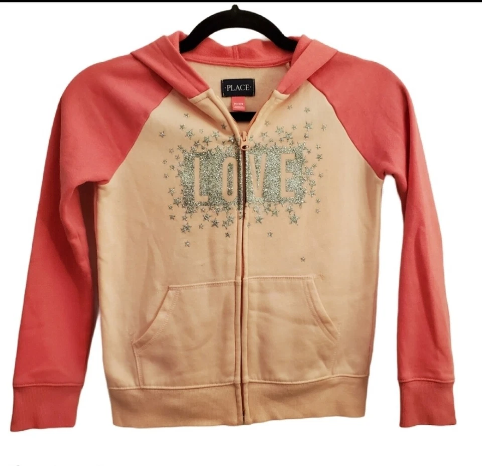 Sudadera Children's Place Niñas Talla M 7/8 Rosa Cremallera Brillante LOVE Gráfico Capucha Foto 1 de 4