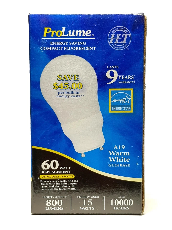 Pack of 2 A19 2700K Warm White 60W Equivalent 15Watt GU24 Base CFL Light Bulb - Image 1 of 1