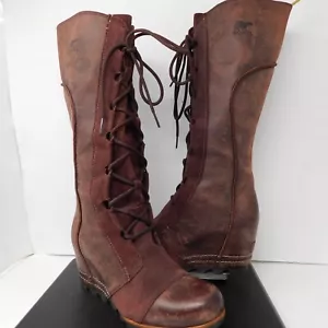 Sorel Womens 10 Cate The Great Wedge Boots Lace Up High Tall Brown Suede Leather - Picture 1 of 12