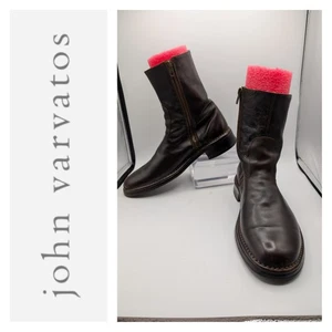 Men's Boots John Varvatos 9.5 Brown Leather Side Zip Plain Toe Handmade Italy - Picture 1 of 12