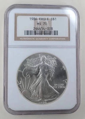 1986 $1 1-oz American Silver Eagle NGC MS70 Brown Label-OLD HOLDER - Image 1 of 2