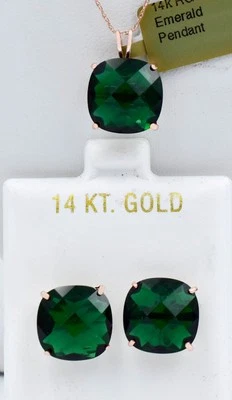 CREATED EMERALD 20.78 Cts EARRINGS & PENDANT SET 14k  SOLID ROSE GOLD - NWT - Image 1 of 4