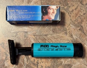 Rasoio uomo vintage blu magico doppio bordo viaggio retrattile NOS in scatola novità - Foto 1 di 7