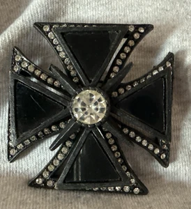 Broche prendedor vintage Selini esmalte negro cruz maltesa estrás firmado - Imagen 1 de 11