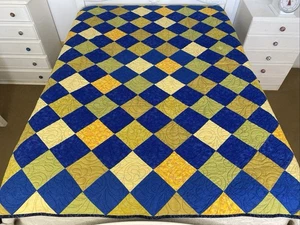 Hand Crafted Colourful Blue Yellow Green Geometric Patchwork Quilt 195x205cm - Picture 1 of 17