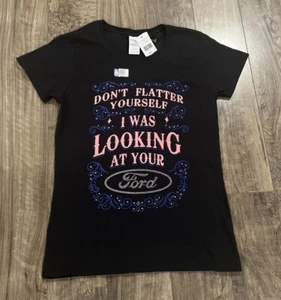 Neu mit Etikett Ford Auto Don’t Flatter Yourself schwarzes Damen-T-Shirt Glitzer Größe Small - Bild 1 von 4
