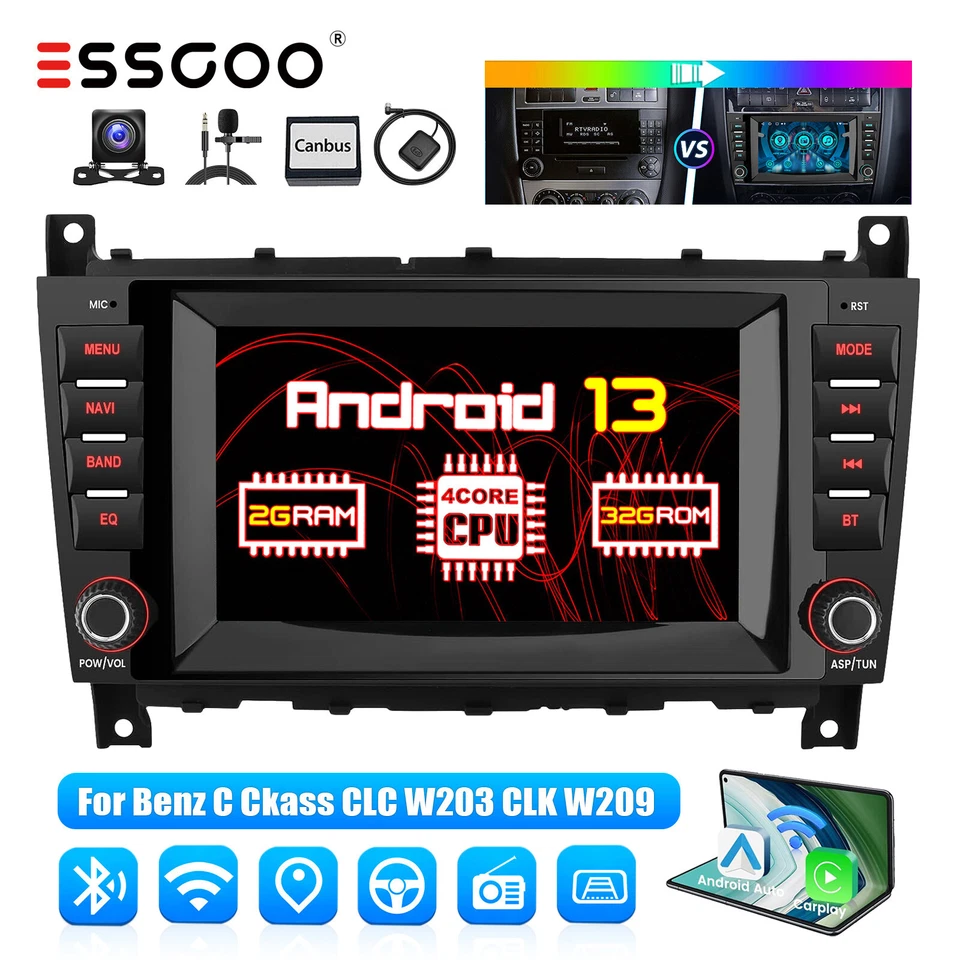 2+32G Carplay Autoradio Android 13 für Benz C/CLC W203  W209 GPS RDS KAM MIK - Bild 1 von 4