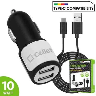 Cellet 2.1A/10W High Power Dual USB Car Charger (Type-C Cable Included) - White - Image 1 of 4