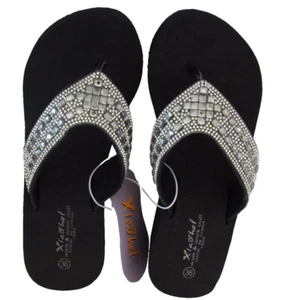 NEW! Women's Rhinestone Bling Platform Flip Flops Mid Heel Black Size 7.5 - Picture 1 of 13