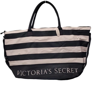 VICTORIA SECRET sz L Duffel Bag Travel Tote Pink Black Stripe MSRP $99 NEW w/Tag - Picture 1 of 9