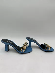 Women’s Versace Curb Linkblock Heel Leather Mules Blue Size 37 - Picture 1 of 7