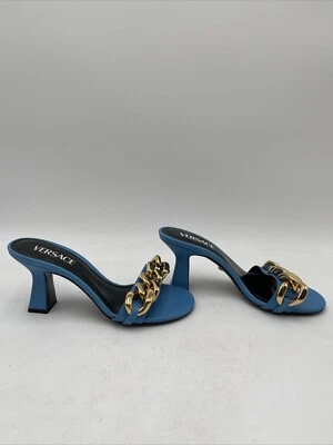 Mujer Versace Curb Linkblock Tacón Cuero Mules Azul Talla 37 Foto 1 de 4