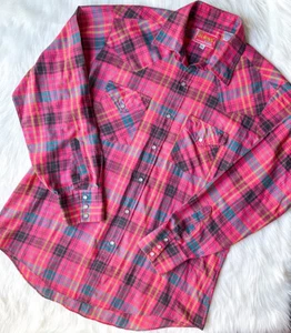 VTG ELY PLAINS PEARL SNAP RED BLUE PLAID LONG SLEEVE BUTTON UP SHIRT 34-35 16.5 - Picture 1 of 4