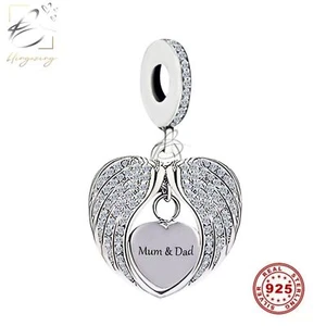 💖 Mum And Dad Charm Genuine 925 Sterling Silver Angel Wings Heart Memorial   - Picture 1 of 2