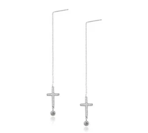 Cross Crucifix Threader Drop CZ Earrings - Picture 1 of 2