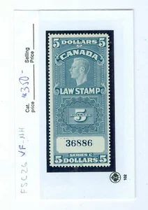Estampilla de ingresos canadienses: $5 dólares, #FSC-26, en muy buen estado; como nueva... Est: $350 - Imagen 1 de 2
