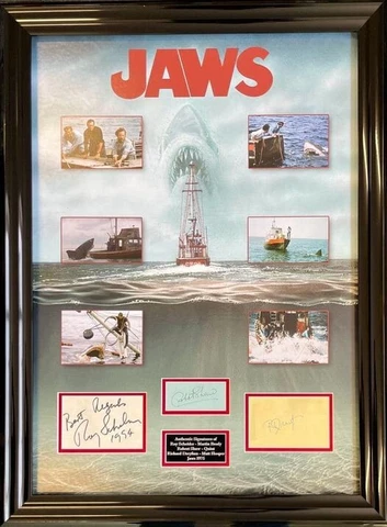 ROBERT SHAW ROY SCHEIDER RICHARD DREYFUSS  JAWS SIGNED MONTAGE AFTAL Cover