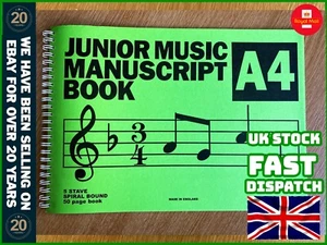 Junior Music Manuscript Book - 5 stave, spiral bound 50 pages, A4 made in UK - Picture 1 of 2