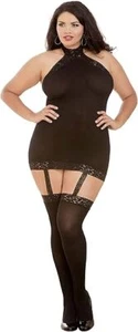 Dreamgirl Women's Semi-Sheer Halter Garter Dress with Thigh High Stockings, Blac - Picture 1 of 3
