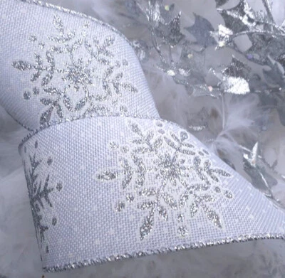 SWIFT 1m 63mm Wired Christmas Ribbon White + Sparkly Silver Glitter Snowflake Burlap