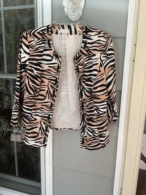 Tweeds Women Brown Sz L Leopard Striped 100% Cotton 3/4 Sleeve Dress Jacket EUC - Image 1 of 4