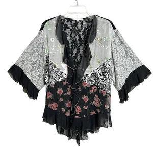 Spencer Alexis Vintage Whimsigoth Y2K Top Womens L Black Multiprint Ruffles Lace - Picture 1 of 10