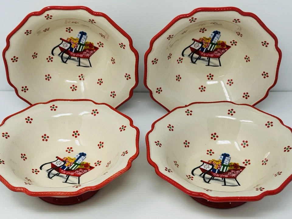 "Juego de 4 cuencos de sopa/cereal Temptations Tara Holiday con patas trineo rojo de 7,5""" Foto 1 de 4
