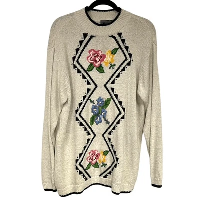 Suéter Vintage Años 90 LIZ WEAR Mediano Multicolor Pullover Floral Mezcla de Lino Tejido Foto 1 de 4