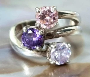 Sterling Silver Ring Size P½ Adjustable Pink Purple Semi Precious Stones 2cm - Bild 1 von 6