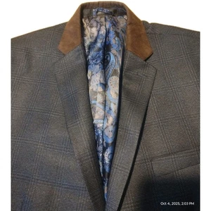 Van Heusen Studio Blazer Men 46L Blue Plaid Suede Elbow Patch & Collar SportCoat - Picture 1 of 5