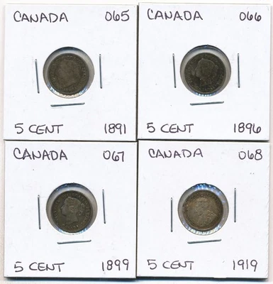 LOT OF 4 CANADA 5 CENT SILVER COINS 1891 1896 1899 1919 - Image 1 of 2