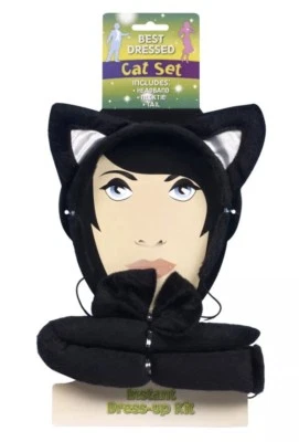 HENBRANDT 3 Piece CAT SET Tail Ears & Bow Tie Black Fancy Dress Hen Party Costume UK SELL