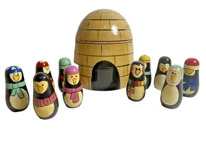 Vintage Wooden Igloo Nesting Doll With 10 Penguins - Picture 1 of 23
