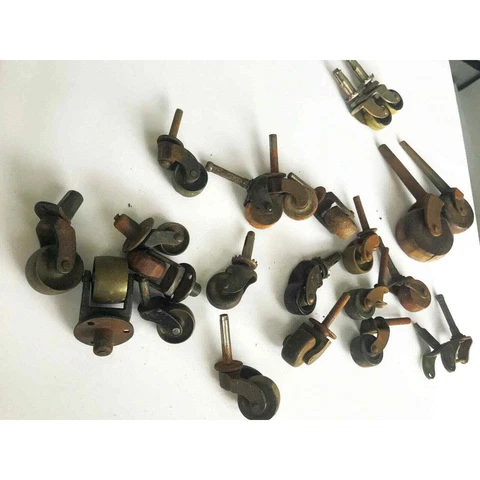 lot of 21 vintage furniture caster wheels - Iron Brass Wood wheels Cover