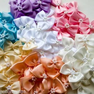 10 Satin Ribbon & Pearl Cluster Bows - Wedding - Pink, Blue, Lilac, White & More - Picture 1 of 8