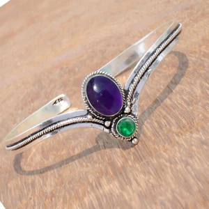 Amethyst & Diopside Gemstone 925 Sterling Silver Bangle Deco Style Bracelet - Picture 1 of 7