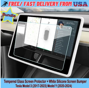 Tesla Model 3 Y Tempered Glass Screen Protector White Silicone Bumper Bundle - Bild 1 von 14