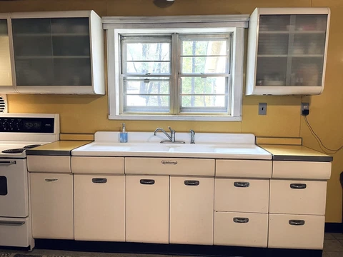 Vibtage steel metal kitchen cabinets and farmhouse sink Cover