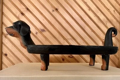 Soporte de cuenco de madera tallado a mano de arte popular rústico Dachshund vintage para perros Foto 1 de 4