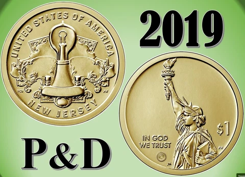 💰 2019 P & D American Innovation $1 - New Jersey - US Mint - UNC - 2 coins Cover