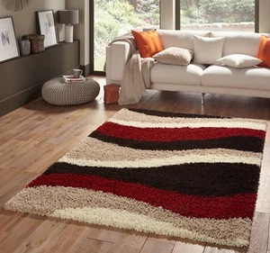 SMALL EXTRA RED BEIGE STRIPES LARGE THICK SOFT RUG MODERN SHAGGY NON SHED RUGS - Picture 1 of 4