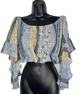 Vintage transparentes Boho Crop Top, Schmetterlingsärmel, groß, U-Boot Ausschnitt, geblümt - Bild 1 von 9