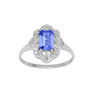 10k White Gold Vintage Style Genuine Emerald-Cut Tanzanite and Diamond Ring - Picture 1 of 5