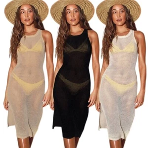 Womens Split Side Sleeveless Round Neck Mesh Swimwear Cover Up Bathing Suit - Picture 1 of 11