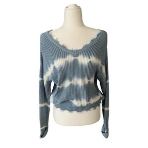 Jessica Simpson ausgefranster Cropped V-Ausschnitt Pullover Strick Gr. Small blau weiß Boho - Bild 1 von 9