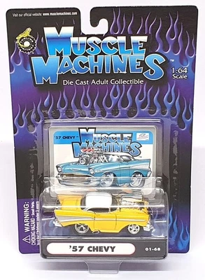 Muscle Machines 1/64 Scale 71161 01-68 - 1957 Chevrolet Chevy - Yellow/White - Image 1 of 4
