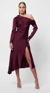 Mossman Size 14 Burgundy Satin Long Sleeve One Shoulder "Two Souls" Midi Dress - Picture 1 of 11
